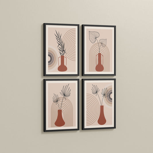 Side View of Boho Botanical Plant Wall Art Set of 4 in Black Color Frame