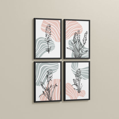 Side View of Abstract Hand-Printed Lavender Essence Wall Art Set of 4 in Black Color Frame