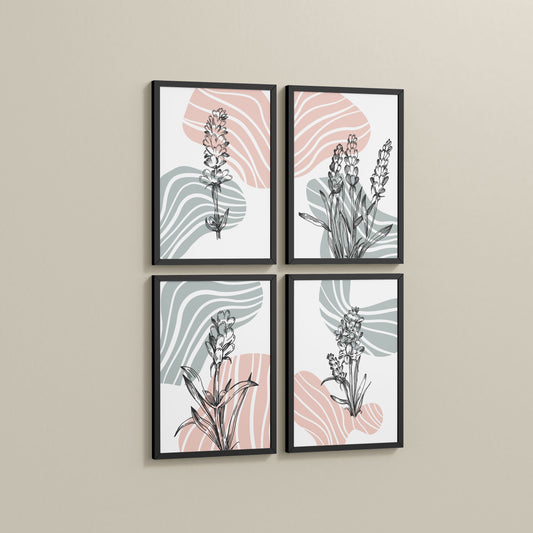 Side View of Abstract Hand-Printed Lavender Essence Wall Art Set of 4 in Black Color Frame