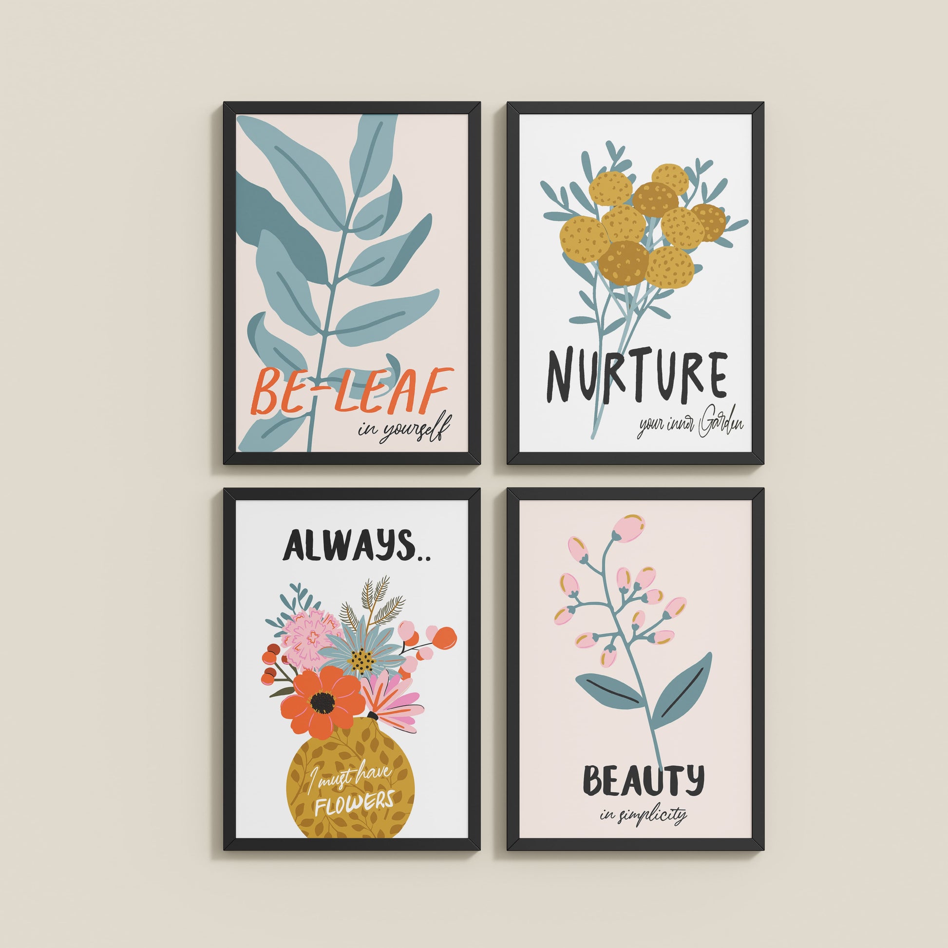Wall View of Grow & Glow – Plant-Inspired Positive Wall Art Set of 4 in Black Color Frame
