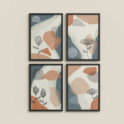 Wall View of Line & Leaf – Boho Abstract Wall Art Set of 4 in Black Color Frame