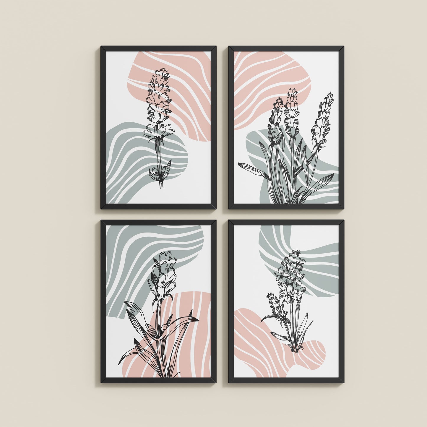 Wall View of Abstract Hand-Printed Lavender Essence Wall Art Set of 4 in Black Color Frame
