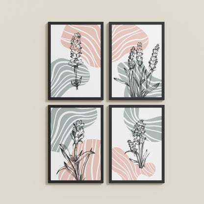 Wall View of Abstract Hand-Printed Lavender Essence Wall Art Set of 4 in Black Color Frame