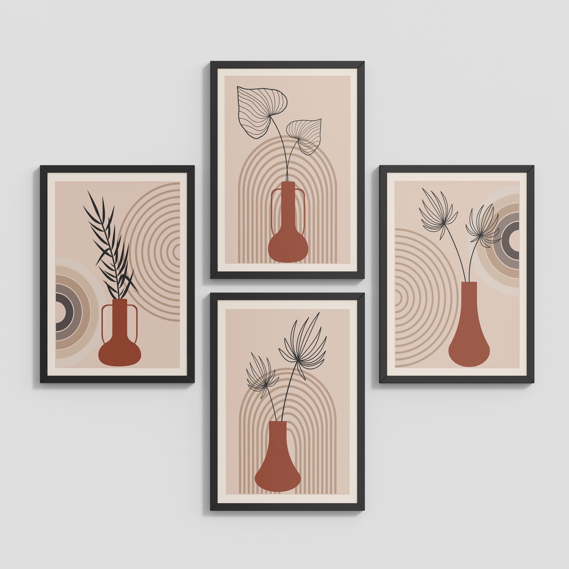 Inclined Floor View of Boho Botanical Plant Wall Art Set of 4 in Black Color Frame