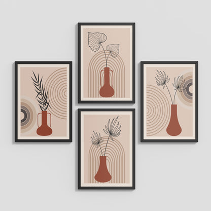 Inclined Floor View of Boho Botanical Plant Wall Art Set of 4 in Black Color Frame