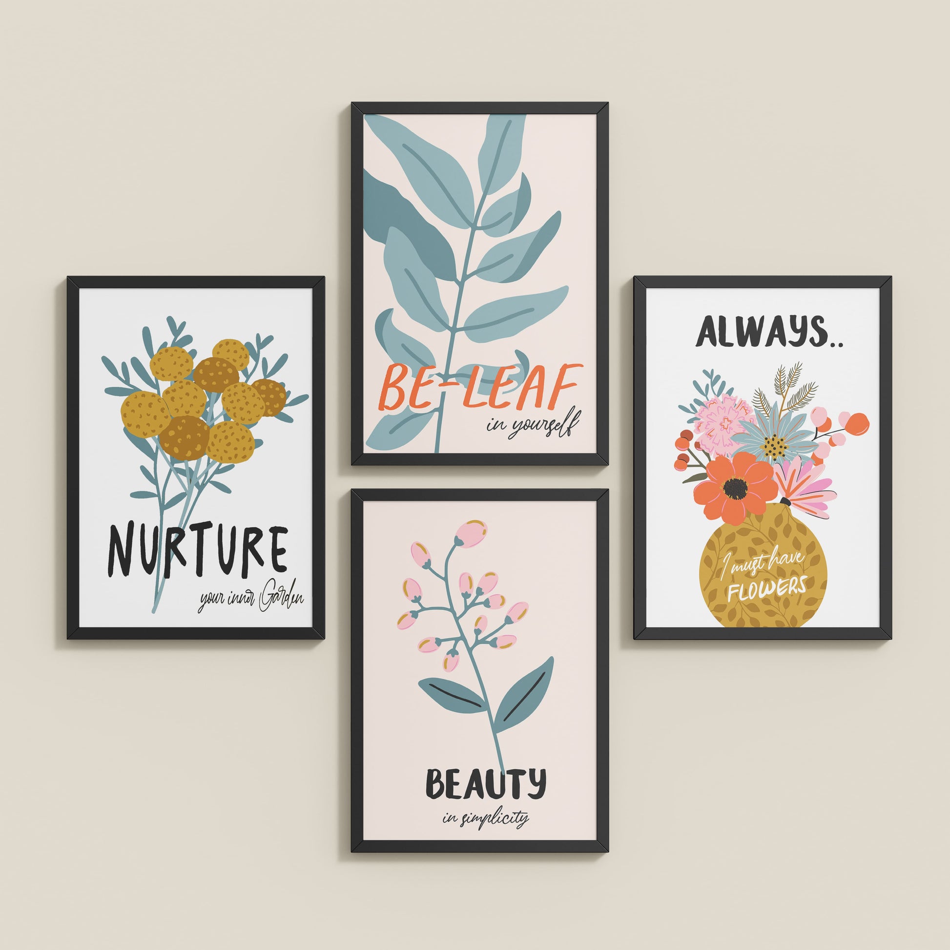 Inclined Floor View of Grow & Glow – Plant-Inspired Positive Wall Art Set of 4 in Black Color Frame