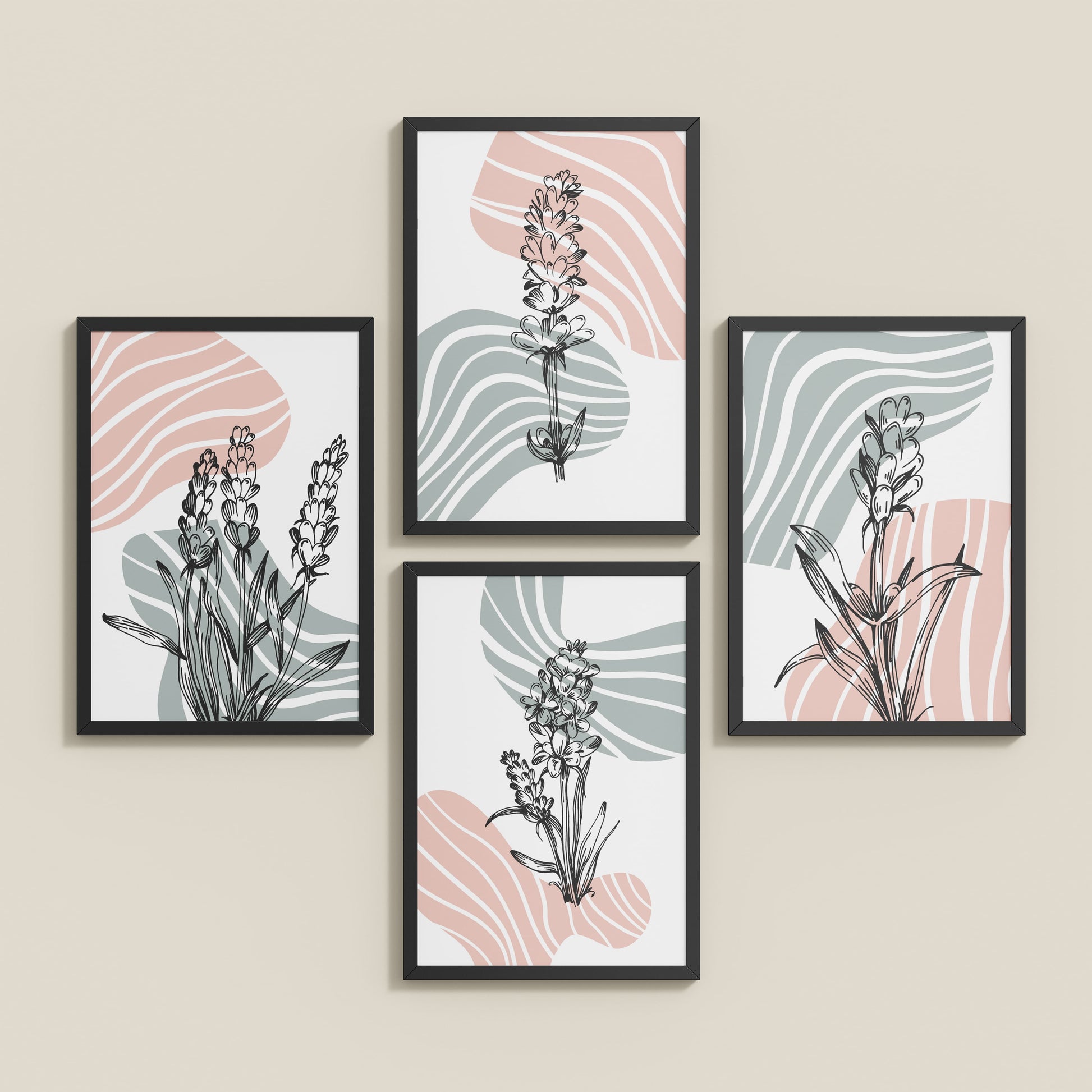 Inclined Floor View of Abstract Hand-Printed Lavender Essence Wall Art Set of 4 in Black Color Frame