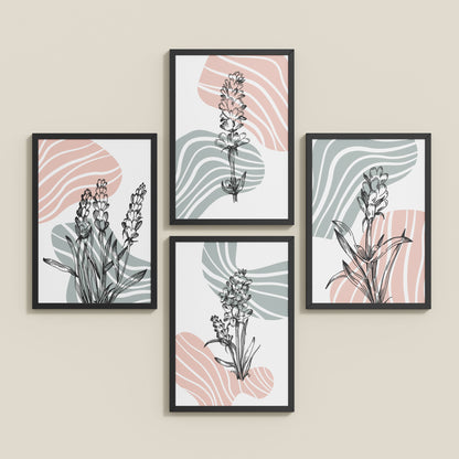 Inclined Floor View of Abstract Hand-Printed Lavender Essence Wall Art Set of 4 in Black Color Frame