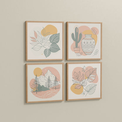 Side View of Boho Serenity Pastel Nature Wall Art Set of 4 in Natrual Color Frame