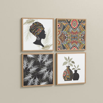Side View of Ethnic Bohemian Wall Art Frames Set of 4 in Natrual Color Frame