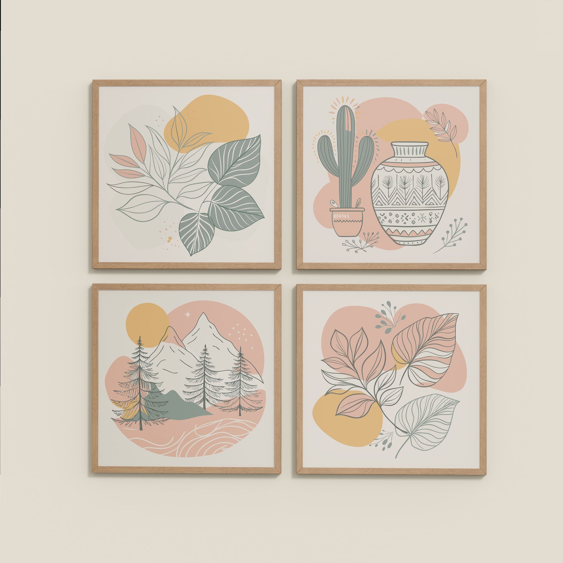 Wall View of Boho Serenity Pastel Nature Wall Art Set of 4 in Natrual Color Frame