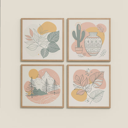 Wall View of Boho Serenity Pastel Nature Wall Art Set of 4 in Natrual Color Frame