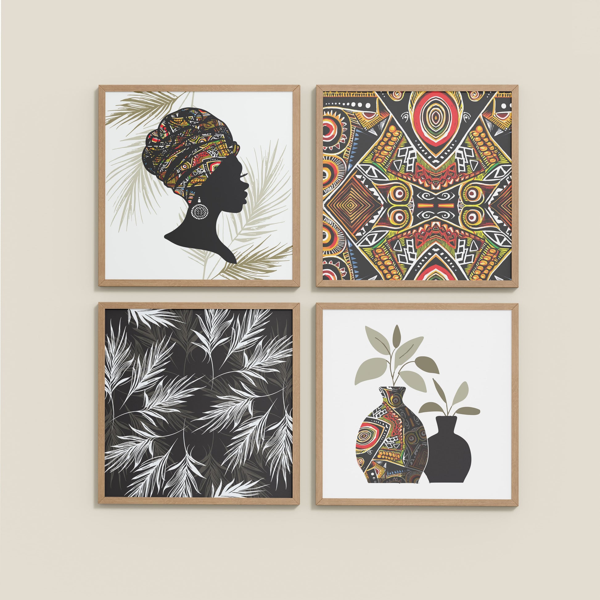Wall View of Ethnic Bohemian Wall Art Frames Set of 4 in Natrual Color Frame
