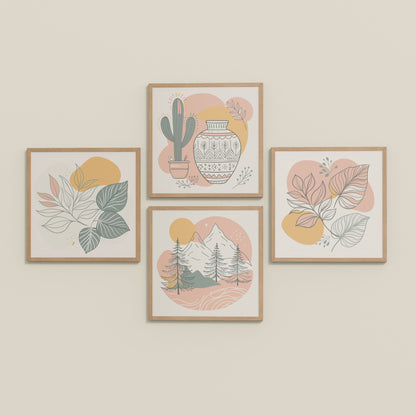 Inclined Floor View of Boho Serenity Pastel Nature Wall Art Set of 4 in Natrual Color Frame