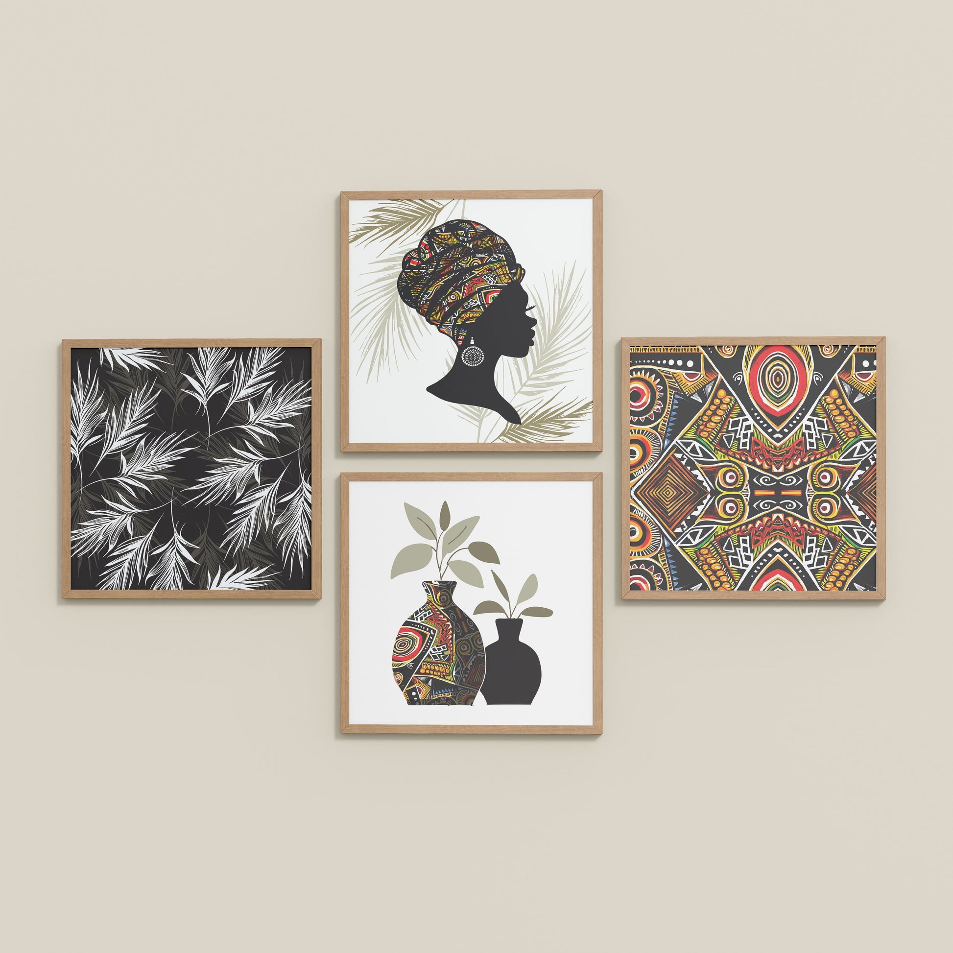 Inclined Floor View of Ethnic Bohemian Wall Art Frames Set of 4 in Natrual Color Frame