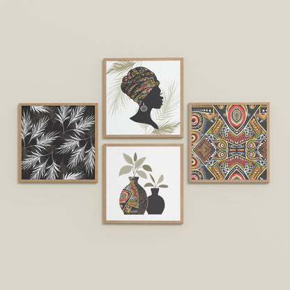 Inclined Floor View of Ethnic Bohemian Wall Art Frames Set of 4 in Natrual Color Frame