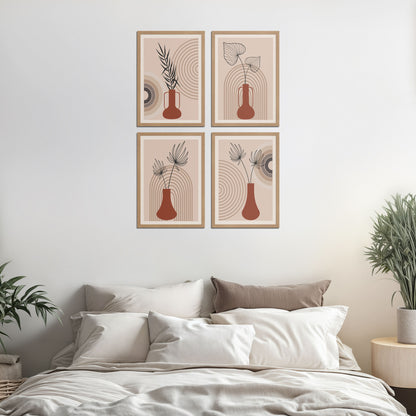 Bed Room Preview of Boho Botanical Plant Wall Art Set of 4 in Natrual Color Frame