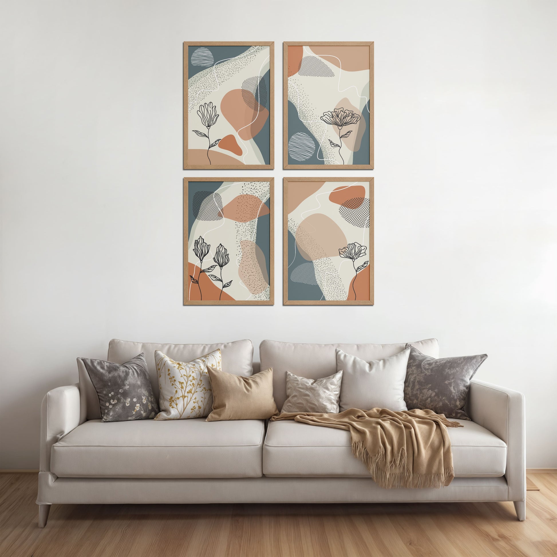 Living Room Sofa Preview of Line & Leaf – Boho Abstract Wall Art Set of 4 in Natrual Color Frame