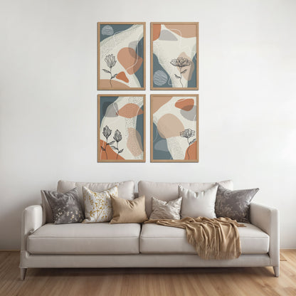 Living Room Sofa Preview of Line & Leaf – Boho Abstract Wall Art Set of 4 in Natrual Color Frame