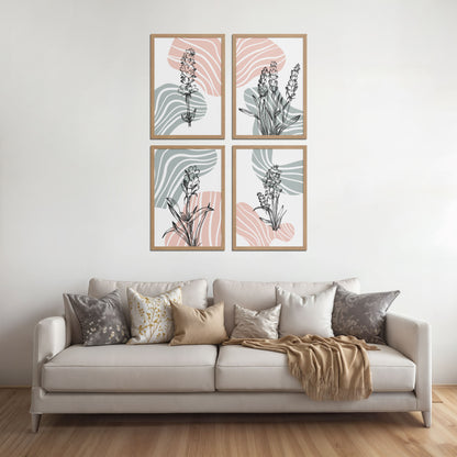 Living Room Sofa Preview of Abstract Hand-Printed Lavender Essence Wall Art Set of 4 in Natrual Color Frame