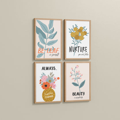 Side View of Grow & Glow – Plant-Inspired Positive Wall Art Set of 4 in Natrual Color Frame