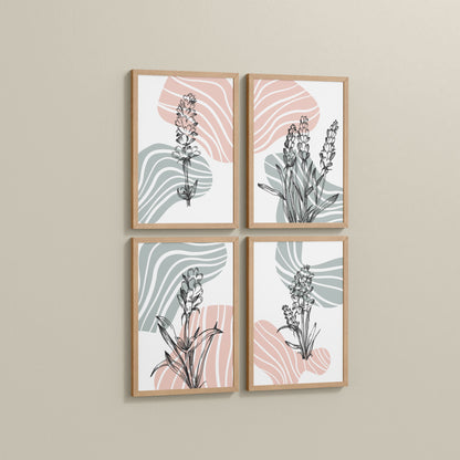 Side View of Abstract Hand-Printed Lavender Essence Wall Art Set of 4 in Natrual Color Frame