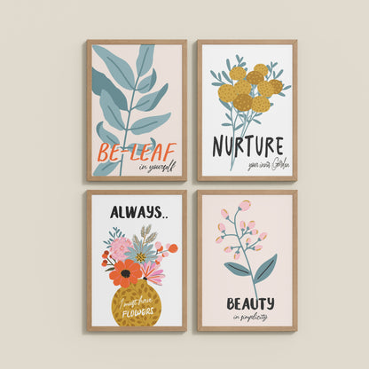 Wall View of Grow & Glow – Plant-Inspired Positive Wall Art Set of 4 in Natrual Color Frame