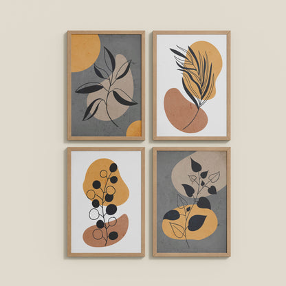 Wall View of Boho Leaves – Minimalist Wall Art Set of 4 Frames in Natrual Color Frame