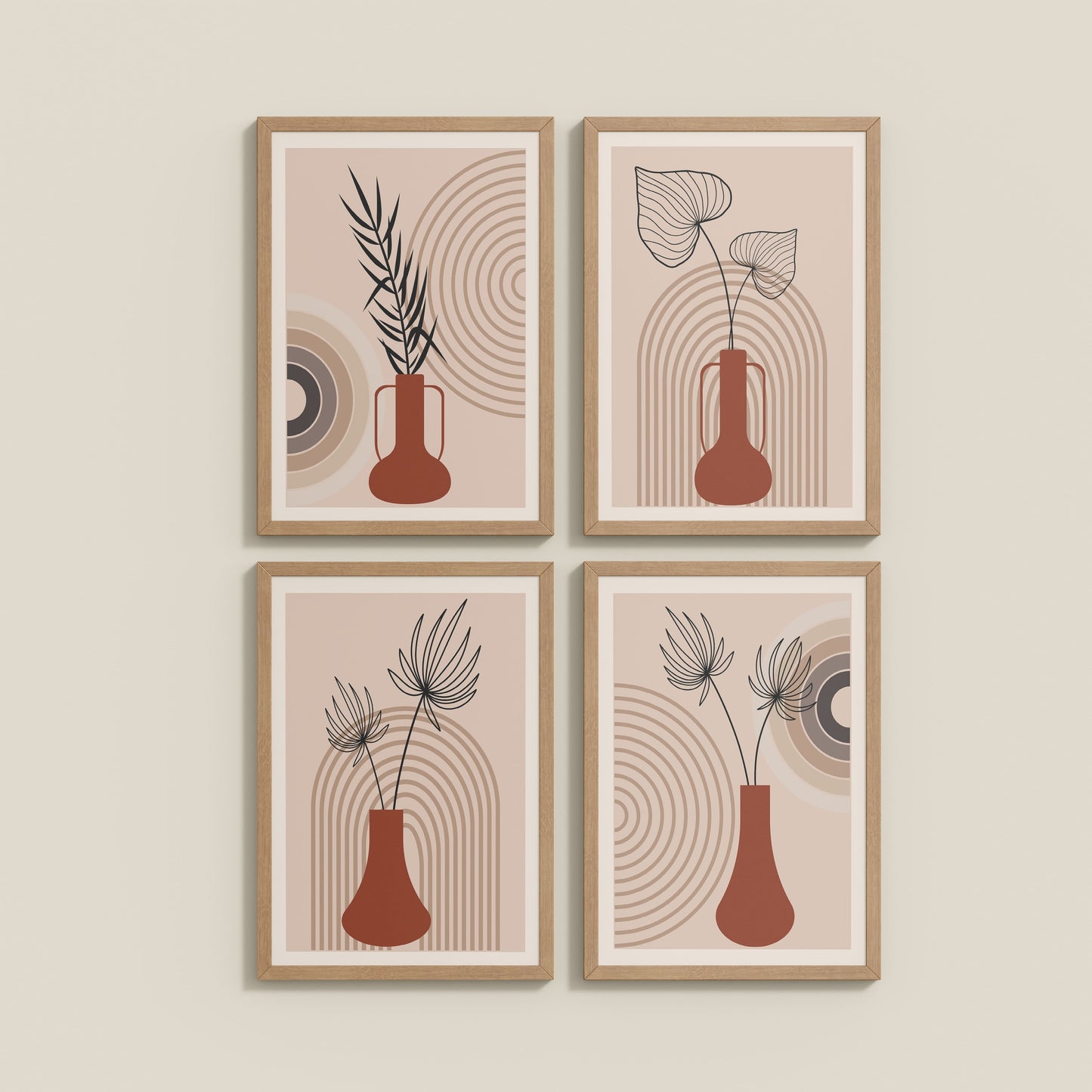 Wall View of Boho Botanical Plant Wall Art Set of 4 in Natrual Color Frame
