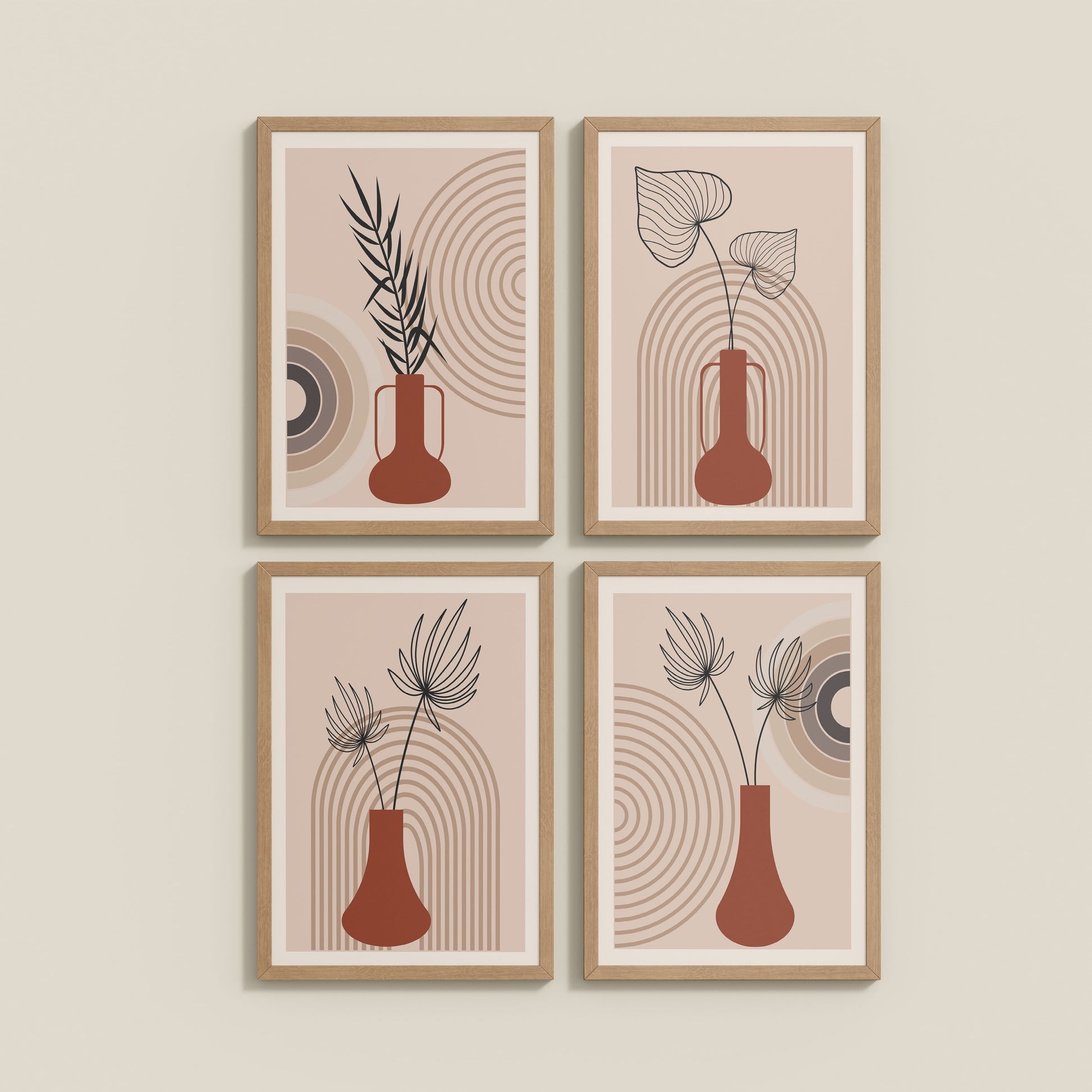 Wall View of Boho Botanical Plant Wall Art Set of 4 in Natrual Color Frame