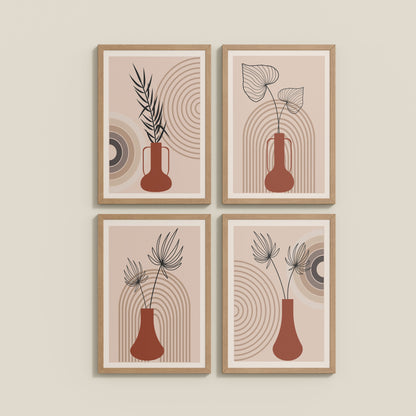 Wall View of Boho Botanical Plant Wall Art Set of 4 in Natrual Color Frame