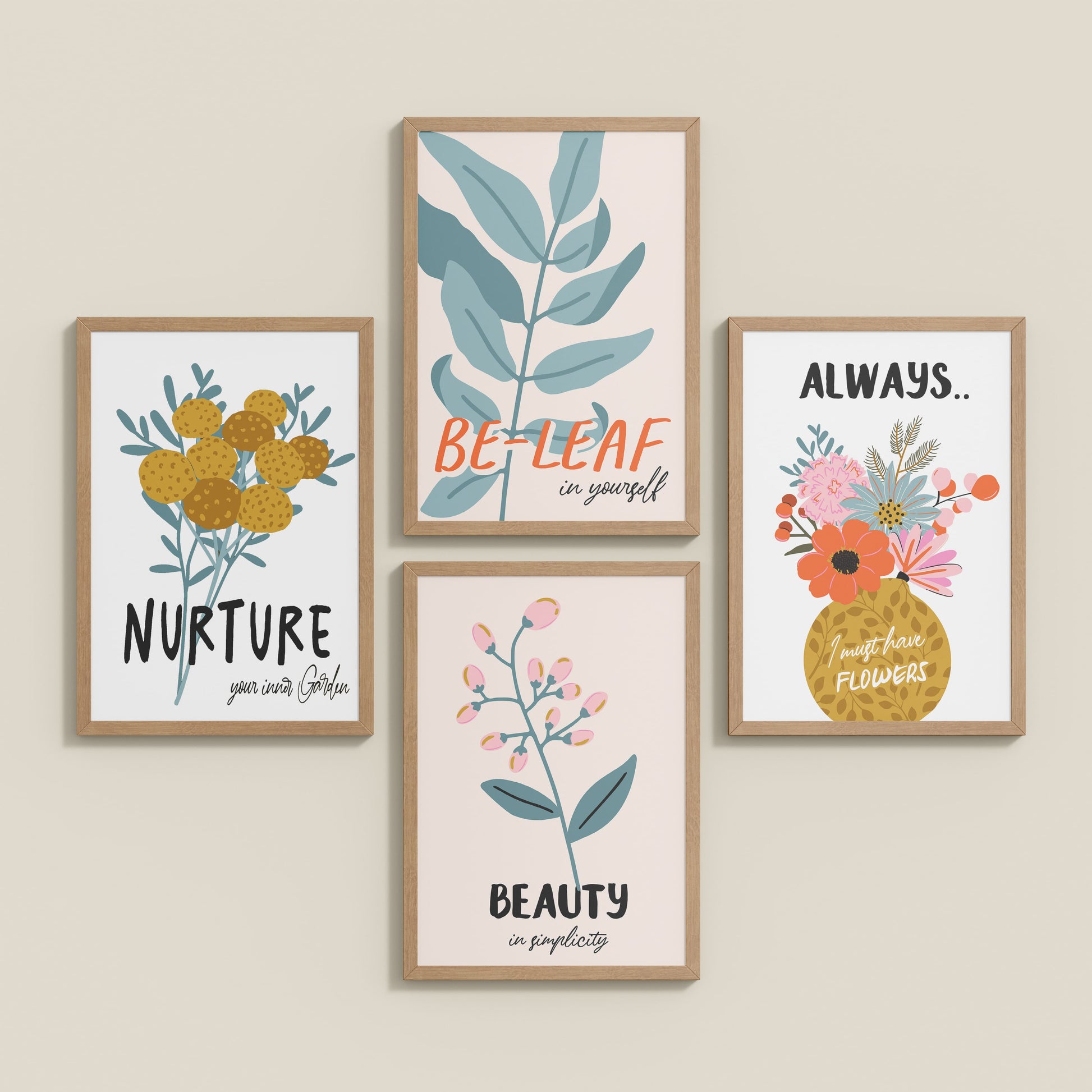 Inclined Floor View of Grow & Glow – Plant-Inspired Positive Wall Art Set of 4 in Natrual Color Frame