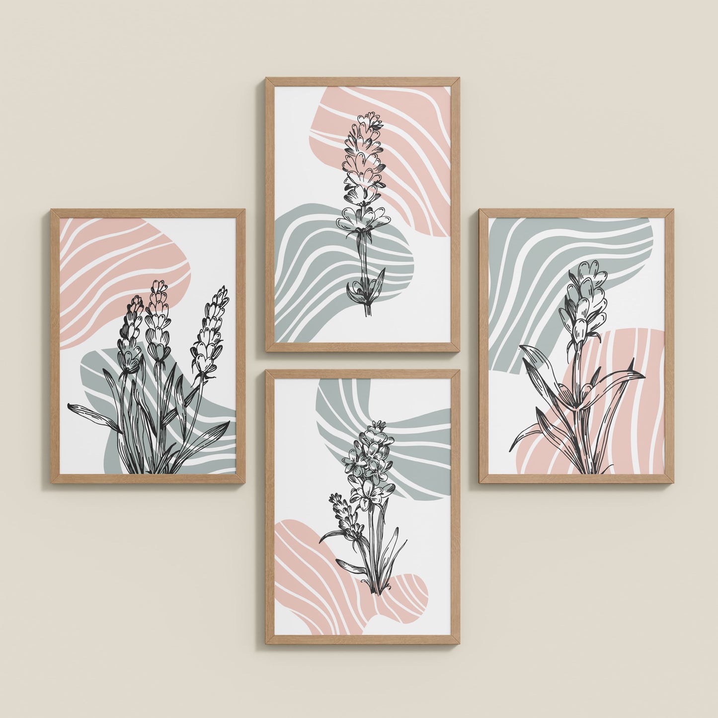 Inclined Floor View of Abstract Hand-Printed Lavender Essence Wall Art Set of 4 in Natrual Color Frame