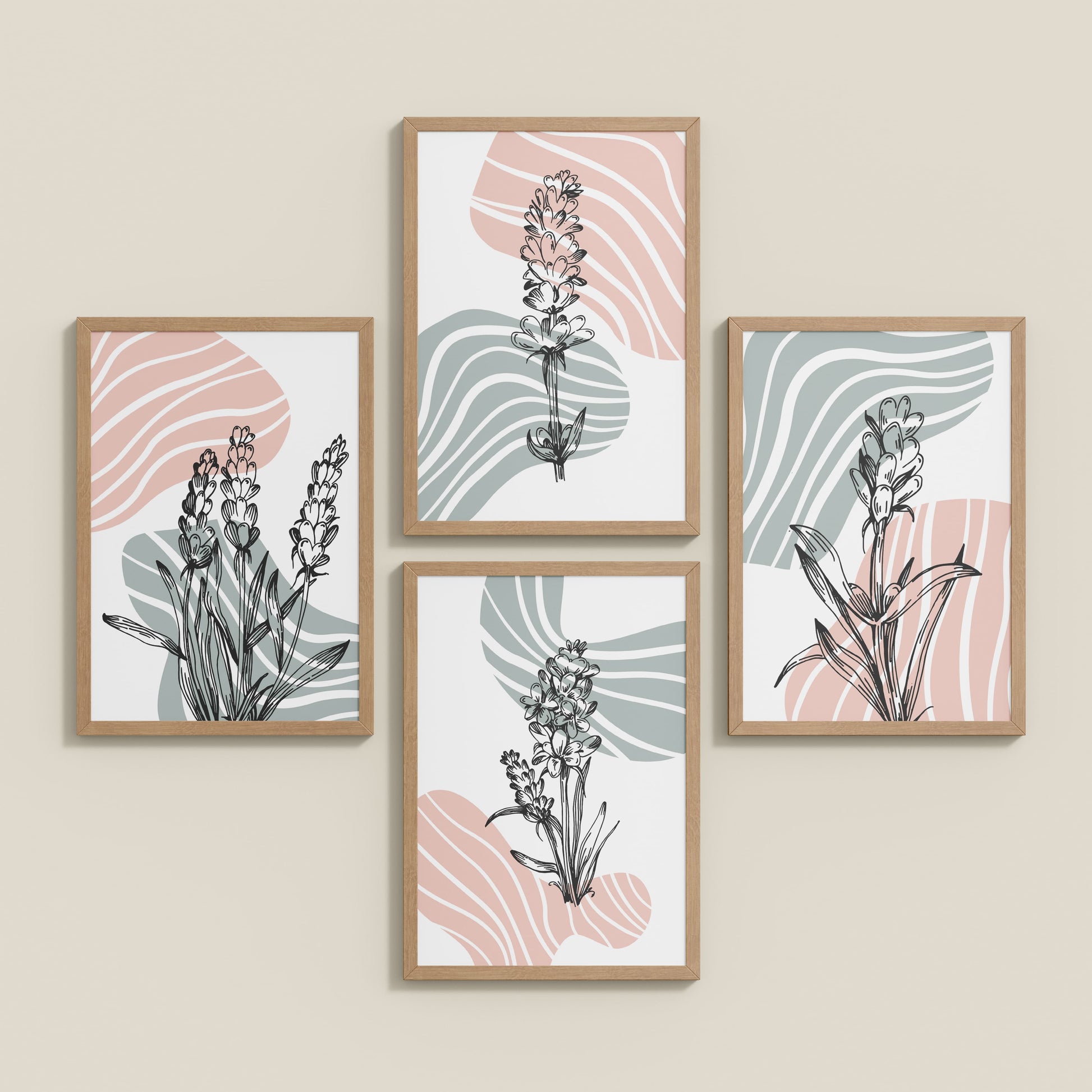 Inclined Floor View of Abstract Hand-Printed Lavender Essence Wall Art Set of 4 in Natrual Color Frame