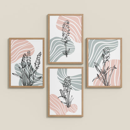 Inclined Floor View of Abstract Hand-Printed Lavender Essence Wall Art Set of 4 in Natrual Color Frame