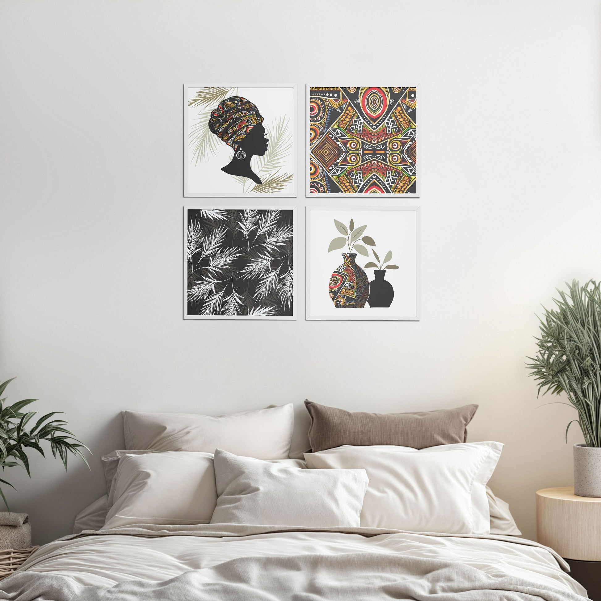 Bed Room Preview of Ethnic Bohemian Wall Art Frames Set of 4 in White Color Frame