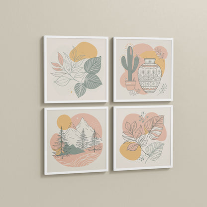 Side View of Boho Serenity Pastel Nature Wall Art Set of 4 in White Color Frame