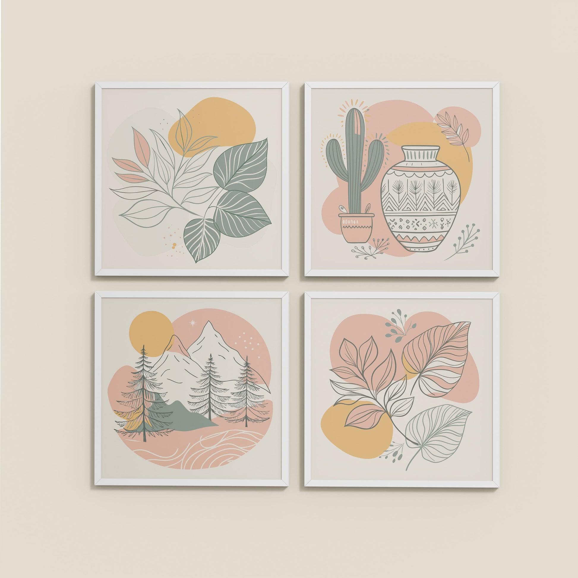 Wall View of Boho Serenity Pastel Nature Wall Art Set of 4 in White Color Frame