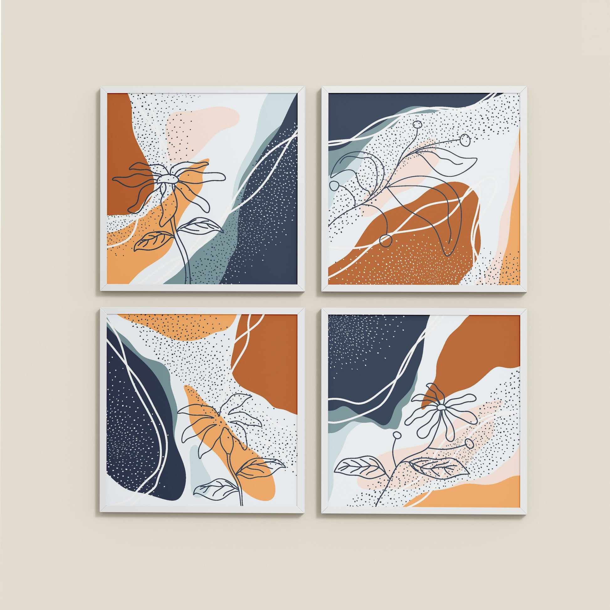 Wall View of Boho Minimalist Floral Wall Art Frames Set of 4 in White Color Frame
