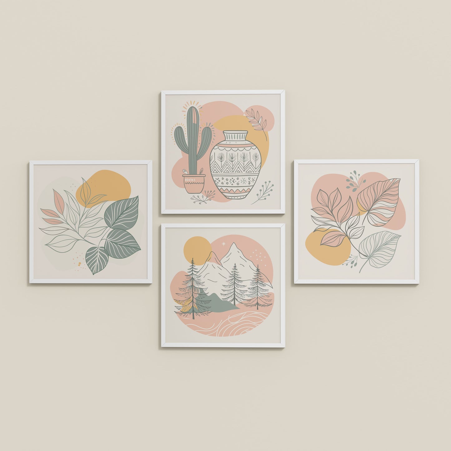 Inclined Floor View of Boho Serenity Pastel Nature Wall Art Set of 4 in White Color Frame