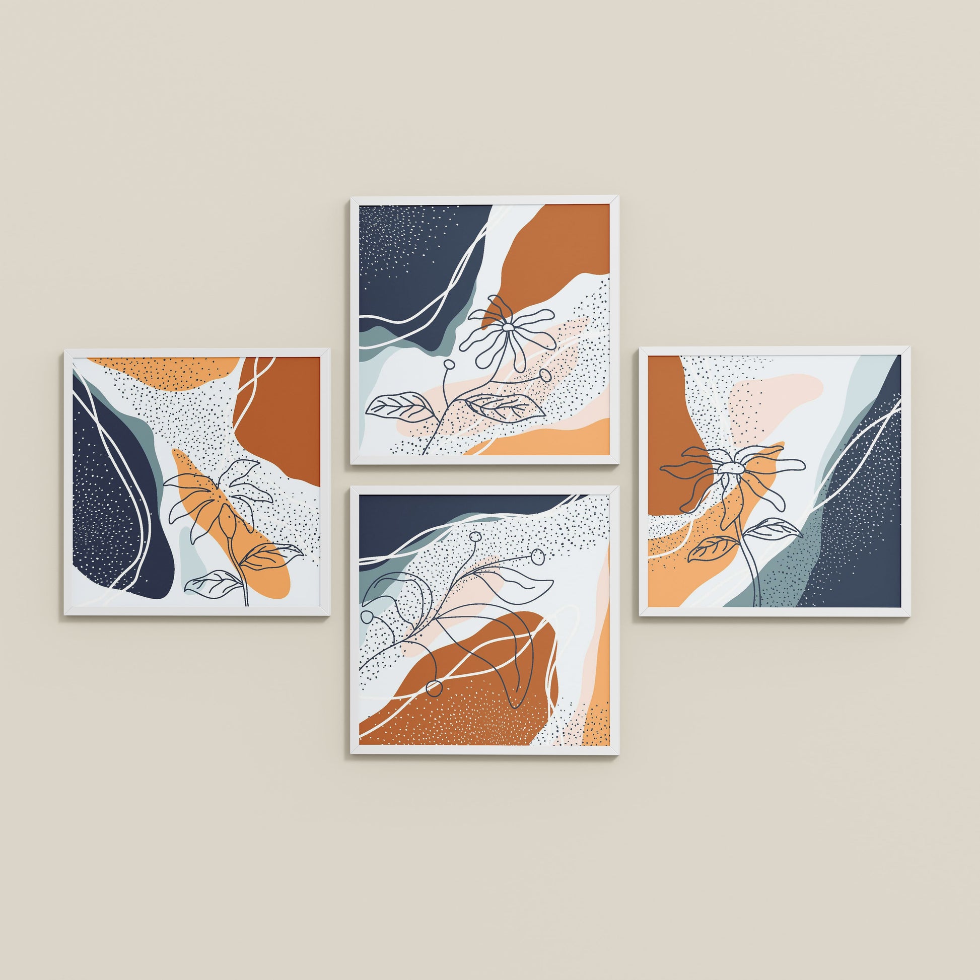 Inclined Floor View of Boho Minimalist Floral Wall Art Frames Set of 4 in White Color Frame