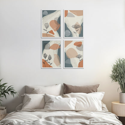 Bed Room Preview of Line & Leaf – Boho Abstract Wall Art Set of 4 in White Color Frame