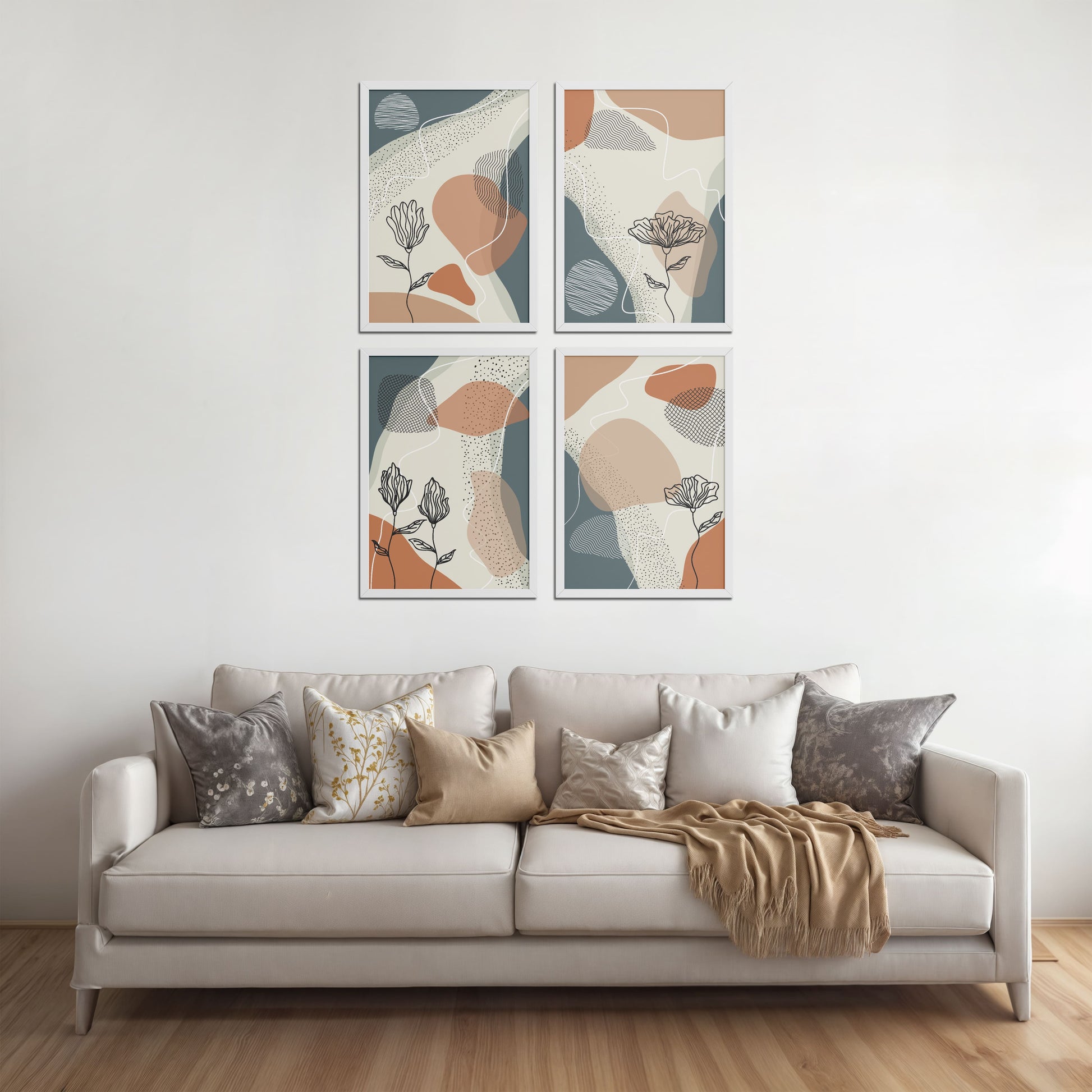 Living Room Sofa Preview of Line & Leaf – Boho Abstract Wall Art Set of 4 in White Color Frame