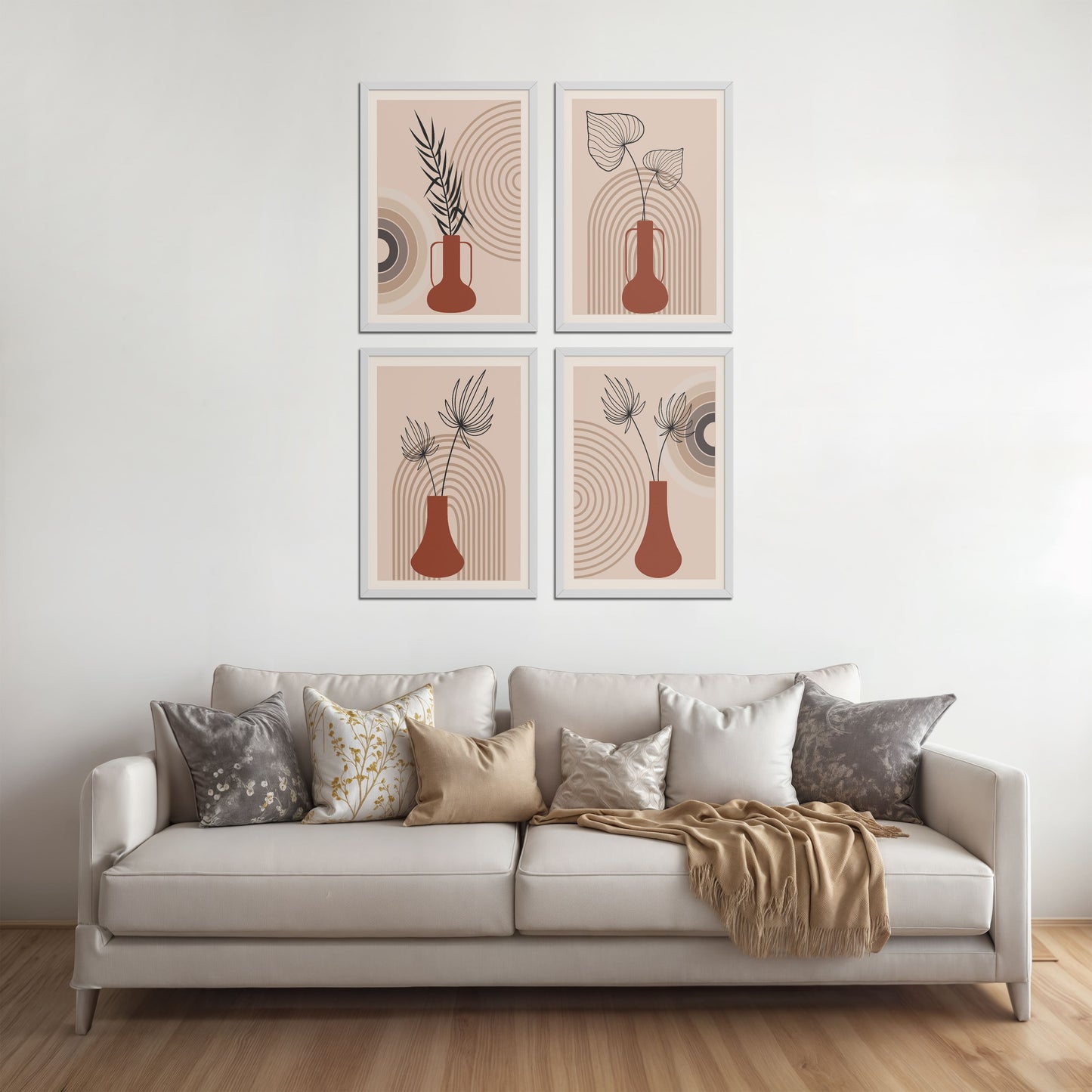 Living Room Sofa Preview of Boho Botanical Plant Wall Art Set of 4 in White Color Frame