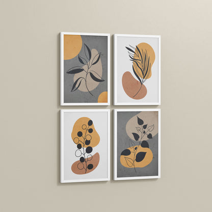 Side View of Boho Leaves – Minimalist Wall Art Set of 4 Frames in White Color Frame