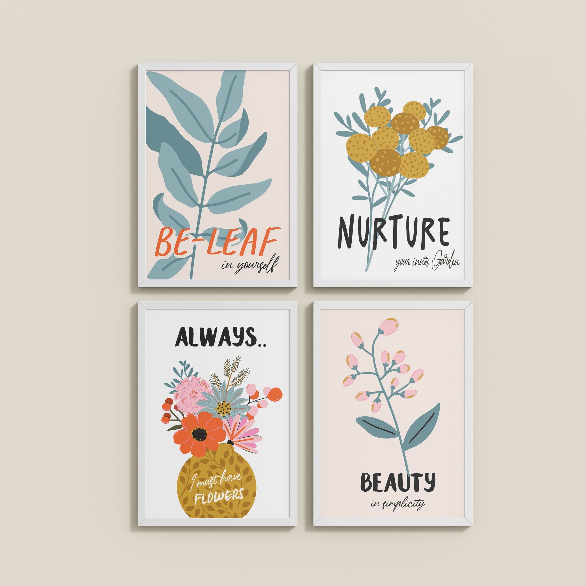 Wall View of Grow & Glow – Plant-Inspired Positive Wall Art Set of 4 in White Color Frame
