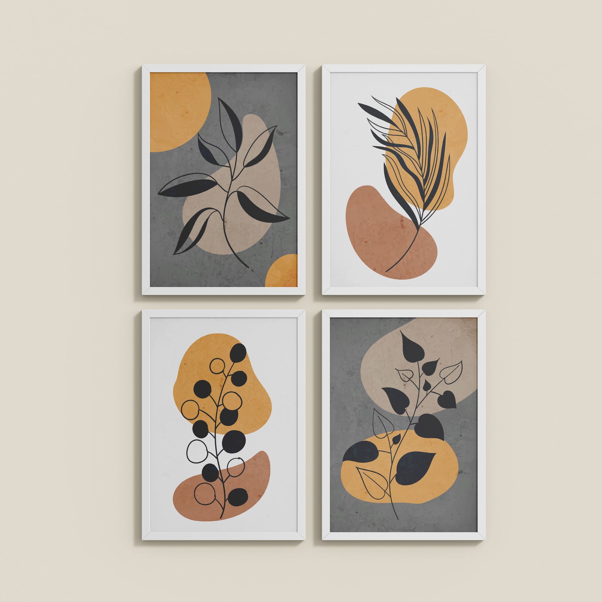 Wall View of Boho Leaves – Minimalist Wall Art Set of 4 Frames in White Color Frame