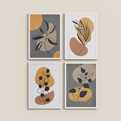 Wall View of Boho Leaves – Minimalist Wall Art Set of 4 Frames in White Color Frame