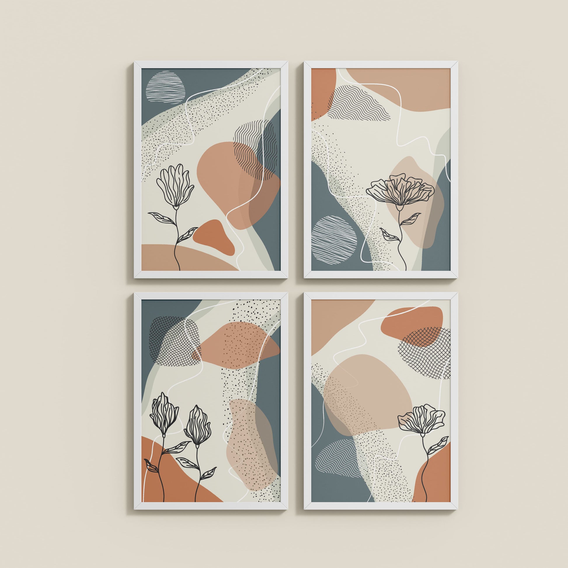 Wall View of Line & Leaf – Boho Abstract Wall Art Set of 4 in White Color Frame