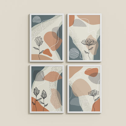 Wall View of Line & Leaf – Boho Abstract Wall Art Set of 4 in White Color Frame